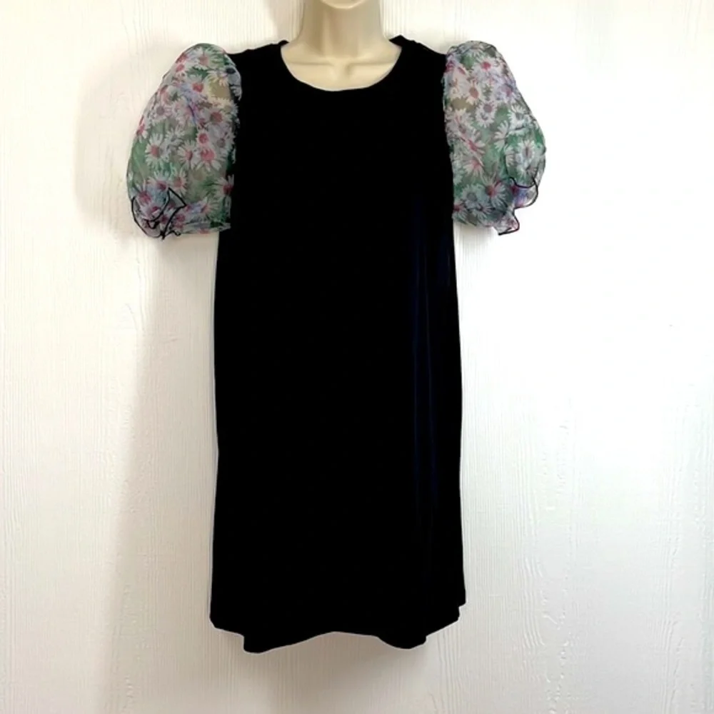 Forever 21 - Black Mini Shirt Dress With Short Floral Puffed See Thru Sleeves SM